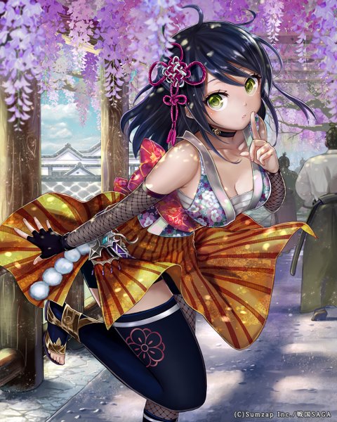 Anime picture 1000x1250 with original pisuke single long hair tall image looking at viewer black hair bare shoulders green eyes traditional clothes japanese clothes finger to mouth standing on one leg girl thighhighs boy gloves hair ornament flower (flowers) black thighhighs