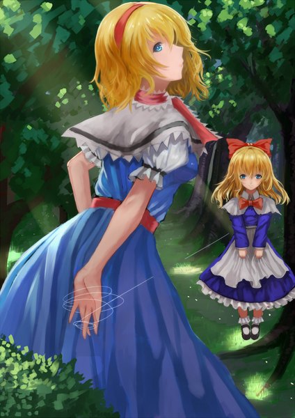 Anime picture 1400x1979 with touhou alice margatroid shanghai wenhe long hair tall image looking at viewer blush short hair blue eyes blonde hair looking back sunlight turning head nature girl dress bow plant (plants) hair bow