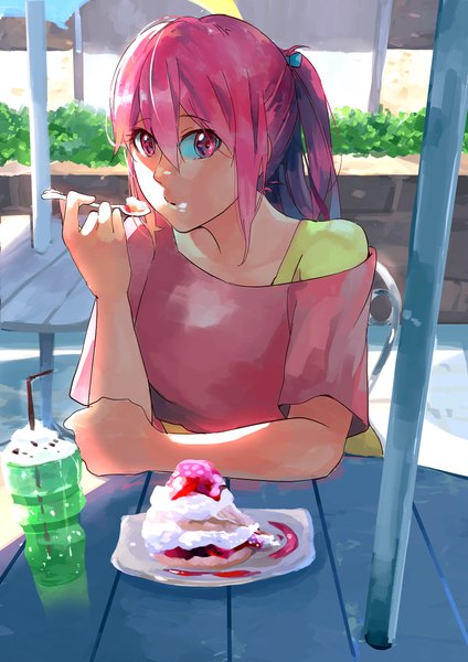 Anime picture 1600x2262 with free! kyoto animation matsuoka gou fare single long hair tall image looking at viewer sitting holding pink hair ponytail pink eyes sunlight shadow street girl plant (plants) food sweets