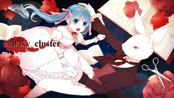 Anime picture 1280x720 with vocaloid hatsune miku hiro satochi long hair open mouth wide image twintails aqua eyes aqua hair girl dress gloves flower (flowers) bow tiara bunny scissors