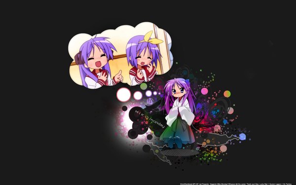 Anime picture 1920x1200 with lucky star kyoto animation hiiragi kagami hiiragi tsukasa highres wide image japanese clothes black background miko twins girl