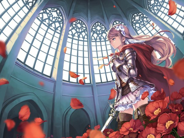 Anime picture 1024x768 with original comet (teamon) single long hair blue eyes pink hair indoors hair flower light smile flat chest architecture girl hair ornament flower (flowers) weapon miniskirt petals sword window armor
