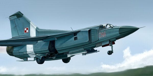Anime picture 1200x600 with kcme wide image sky cloud (clouds) flying pilot weapon airplane jet mig-23