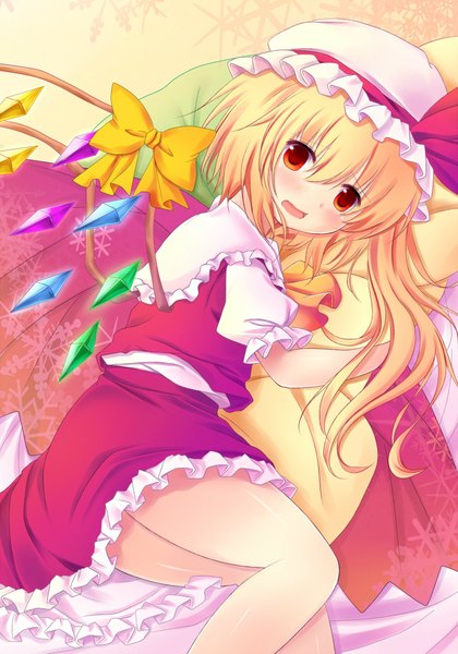 Anime picture 1400x2000 with touhou flandre scarlet yuzuki sora single long hair tall image looking at viewer blush open mouth blonde hair red eyes ponytail short sleeves puffy sleeves side ponytail on side pillow hug girl skirt ribbon (ribbons)