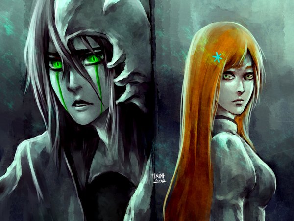 Anime picture 2000x1500 with bleach studio pierrot inoue orihime ulquiorra schiffer nanfe long hair looking at viewer highres black hair green eyes signed orange hair multiview face paint espada girl boy hair ornament hairclip