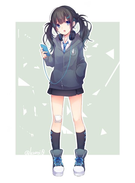 Anime picture 800x1088 with original kuroi (liar-player) single long hair tall image looking at viewer blue eyes black hair simple background standing twintails signed full body :o twitter username hand in pocket headphones around neck outline girl skirt