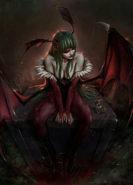 Anime picture 600x834 with vampire / darkstalkers (game) capcom morrigan aensland darktone408 single long hair tall image fringe breasts light erotic smile sitting bare shoulders cleavage head tilt green hair from above pointy ears night wet