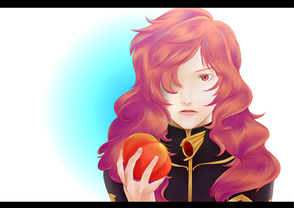 Anime picture 2277x1612 with terra e tony june (pixiv) single long hair fringe highres simple background red eyes red hair hair over one eye boy fruit tomato