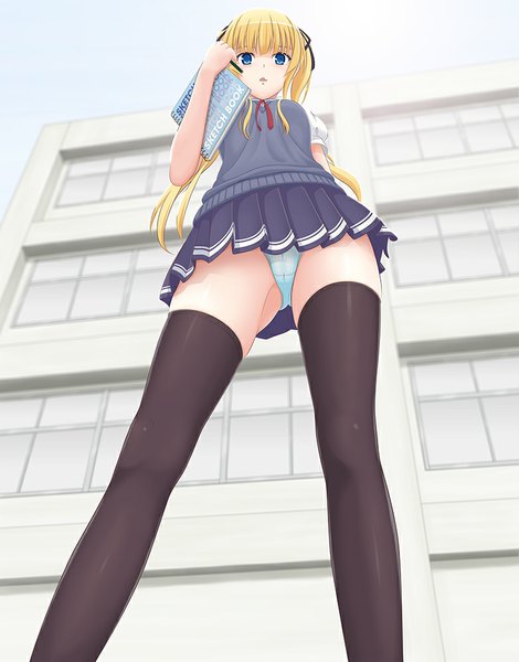 Anime picture 784x1000 with saenai heroine no sodatekata a-1 pictures sawamura spencer eriri suzuki71 single long hair tall image looking at viewer blue eyes light erotic blonde hair twintails girl thighhighs skirt uniform underwear panties black thighhighs school uniform