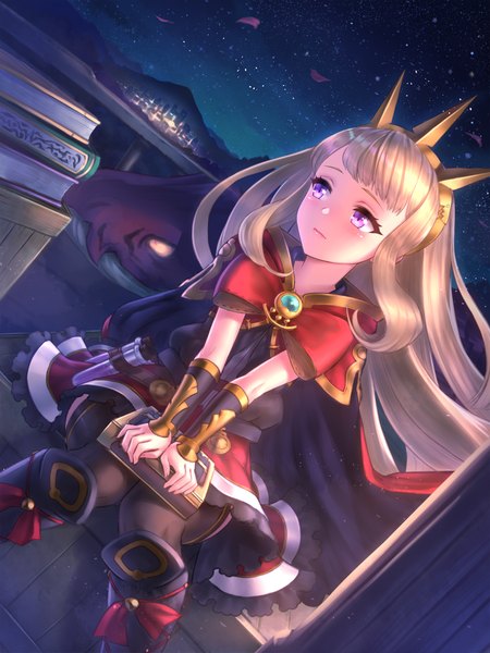 Anime picture 900x1200 with granblue fantasy cagliostro (granblue fantasy) yapo (croquis side) single long hair tall image blush fringe blonde hair sitting purple eyes looking away bent knee (knees) outdoors wind night dutch angle zettai ryouiki night sky mountain