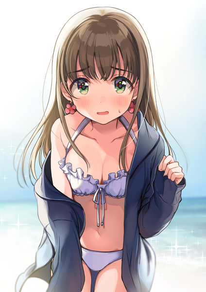 Anime picture 990x1400 with original shigure ui single long hair tall image looking at viewer blush fringe breasts open mouth light erotic hair between eyes brown hair standing green eyes open jacket sparkle beach sleeves past wrists girl