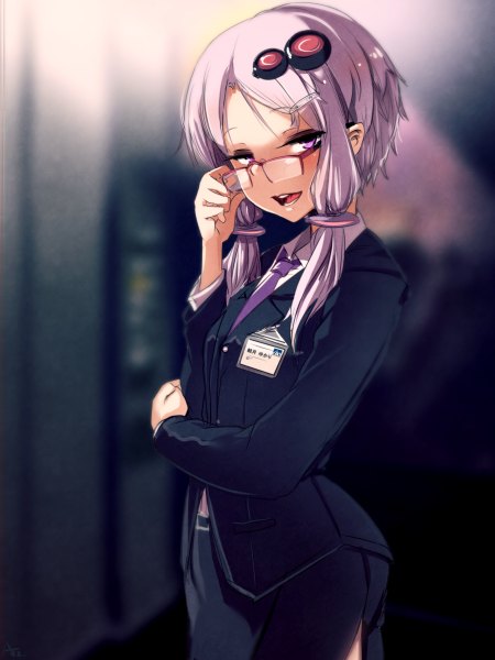 Anime picture 1799x2400 with vocaloid yuzuki yukari at2. single tall image looking at viewer highres short hair open mouth smile standing purple eyes twintails payot purple hair blurry teeth low twintails transparent adjusting glasses