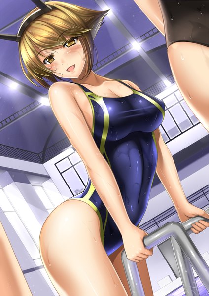 Anime picture 723x1023 with kantai collection mutsu battleship shibata rai tall image blush short hair breasts open mouth light erotic brown hair brown eyes girl hair ornament swimsuit one-piece swimsuit school swimsuit