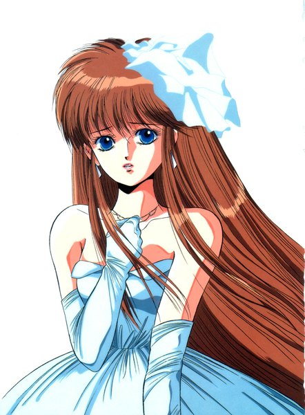 Anime picture 1600x2170 with dangaioh dangaiou mia alice hirano toshihiro single long hair tall image looking at viewer blue eyes simple background brown hair white background bare shoulders scan official art oldschool 80s girl dress gloves