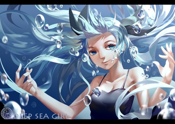 Anime picture 1403x992 with vocaloid shinkai shoujo (vocaloid) hatsune miku lightofheaven single looking at viewer smile twintails bare shoulders very long hair aqua eyes aqua hair underwater girl dress bubble (bubbles)