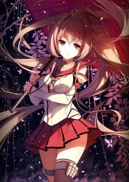Anime picture 800x1131 with kantai collection yamato super battleship caidychen single long hair tall image looking at viewer red eyes brown hair ponytail traditional clothes japanese clothes girl thighhighs skirt hair ornament weapon black thighhighs miniskirt petals
