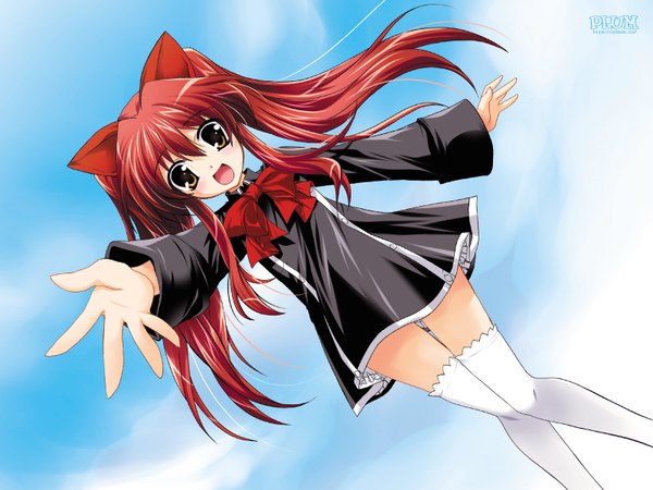 Anime picture 1600x1200 with quiz magic academy aloe plum (artist) single long hair fringe highres hair between eyes standing red hair wind zettai ryouiki girl thighhighs