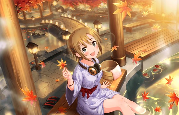 Anime picture 1280x824 with idolmaster idolmaster cinderella girls tada riina single looking at viewer blush short hair open mouth brown hair traditional clothes japanese clothes black eyes girl water kimono headphones leaf (leaves)