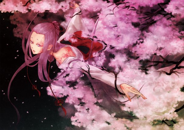 Anime picture 1754x1240 with original shoku niwatori single long hair highres purple eyes purple hair japanese clothes cherry blossoms spread arms girl hair ornament petals branch