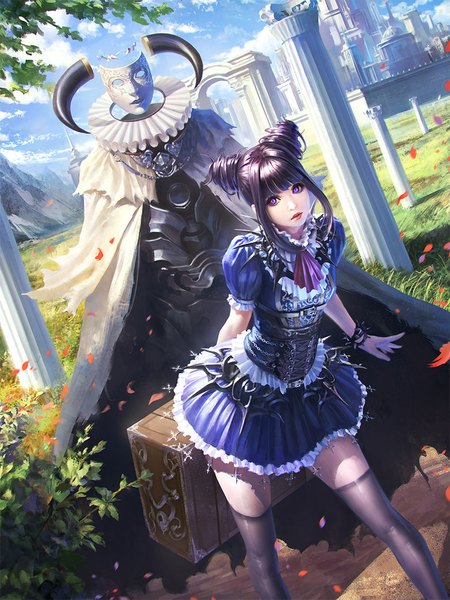 Anime picture 850x1133 with lie-on tall image fringe purple eyes purple hair outdoors parted lips from above lips short sleeves leaning leaning forward puffy sleeves fantasy girl thighhighs dress plant (plants) petals tree (trees)