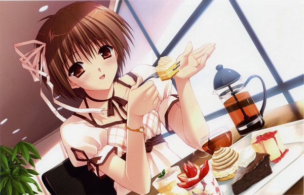 Anime picture 4680x3004 with marriage royale daiba minato suzuhira hiro single looking at viewer blush fringe highres short hair open mouth brown hair sitting brown eyes absurdres scan official art girl dress ribbon (ribbons) plant (plants)