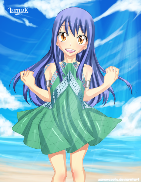 Anime picture 900x1161 with fairy tail wendy marvell xsnowcoolx single long hair tall image open mouth smile yellow eyes blue hair sky cloud (clouds) sunlight loli tattoo coloring sunbeam girl dress sea