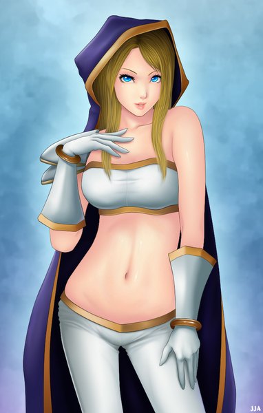 Anime picture 700x1100 with warcraft jaina proudmoore khalitzburg single long hair tall image looking at viewer blush breasts blue eyes simple background blonde hair bare shoulders light smile bare belly hand on chest girl gloves navel bracelet