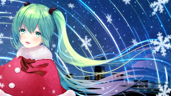 Anime picture 1280x720 with vocaloid hatsune miku nekomaaro single long hair looking at viewer blush fringe open mouth hair between eyes wide image twintails aqua eyes wind aqua hair fur trim snowing christmas winter girl