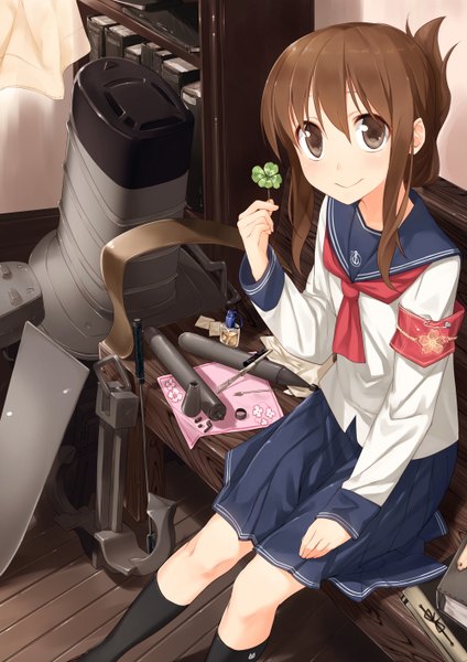 Anime picture 1000x1414 with kantai collection inazuma destroyer pino (birthdayparty) single long hair tall image looking at viewer blush smile brown hair brown eyes ponytail indoors girl skirt miniskirt socks book (books) black socks sailor suit