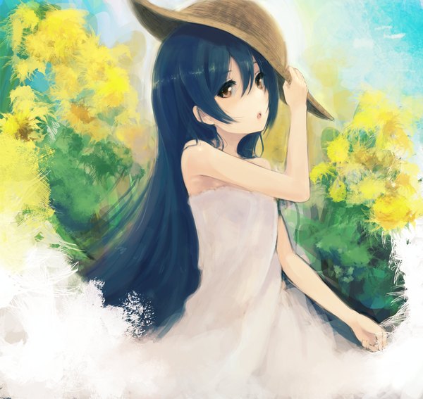 Anime picture 1268x1200 with love live! school idol project sunrise (studio) love live! sonoda umi yudough long hair looking at viewer breasts open mouth bare shoulders brown eyes blue hair sky cloud (clouds) flat chest adjusting hat dress flower (flowers) hat white dress