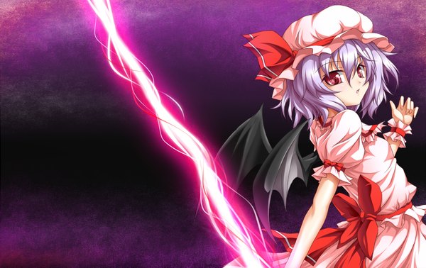 Anime picture 1900x1200 with touhou remilia scarlet roura single highres short hair red eyes purple hair purple background girl dress wings frills bonnet spear the gungnir