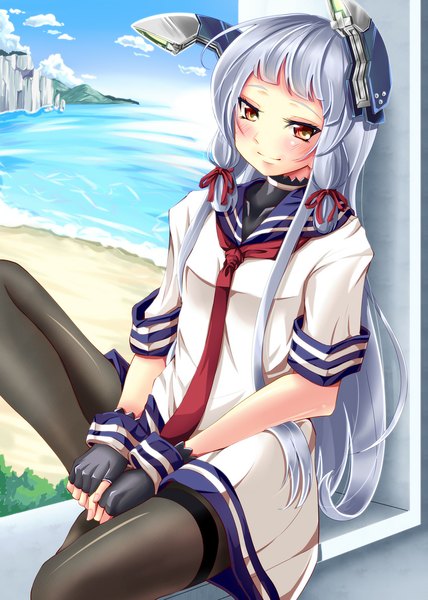 Anime picture 850x1190 with kantai collection murakumo destroyer yumibakama meme single long hair tall image blush red eyes silver hair beach tress ribbon girl gloves hair ornament ribbon (ribbons) hair ribbon pantyhose necktie black pantyhose sea