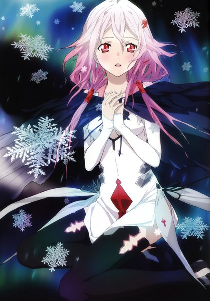 Anime picture 3163x4521 with guilty crown production i.g yuzuriha inori single long hair tall image blush highres red eyes pink hair absurdres scan winter girl thighhighs dress hair ornament black thighhighs hairclip snowflake (snowflakes)