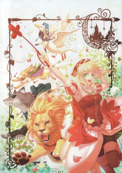Anime picture 1000x1418 with beast master and prince (game) idea factory tiana (beast master and prince) matheus lucia (beast master and prince) erik (beast master and prince) alfred (beast master and prince) tall image open mouth simple background blonde hair smile red eyes white background purple eyes green eyes scan silhouette girl thighhighs