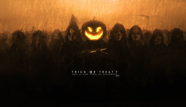 Anime picture 2150x1250 with original mivit highres wide image signed text glowing dark background rain halloween english trick or treat weapon hood cloak mask skull knife vegetables jack-o'-lantern