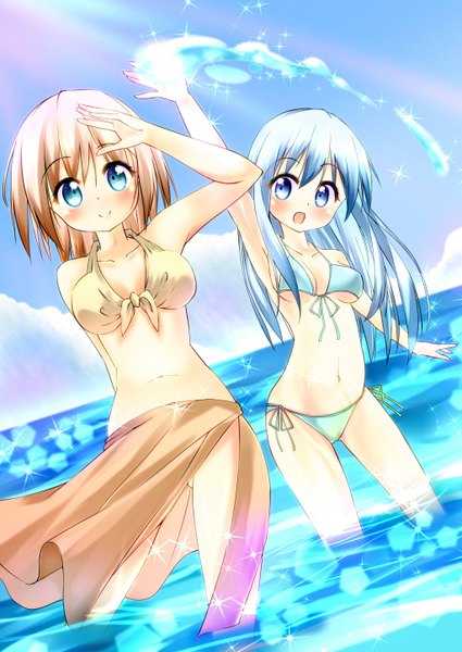 Anime picture 1024x1446 with original kiiharu (artist) long hair tall image looking at viewer blush open mouth blue eyes light erotic smile brown hair bare shoulders multiple girls blue hair sky cloud (clouds) midriff girl navel 2 girls