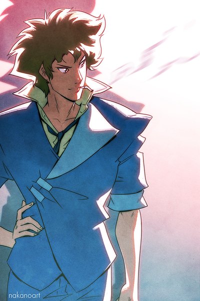 Anime picture 600x900 with cowboy bebop sunrise (studio) spike spiegel nakanoart single tall image short hair simple background smile brown hair looking away pink eyes shadow hand on hip smoke open collar smoking boy cigarette