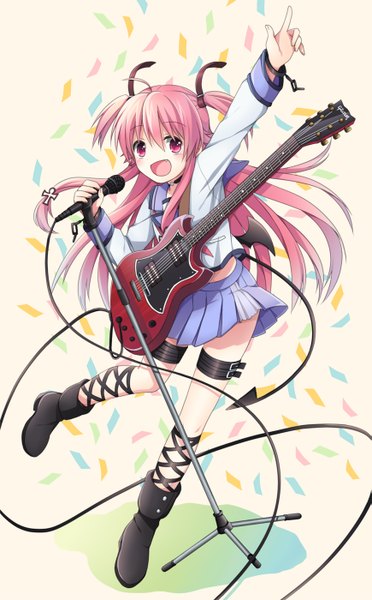 Anime picture 869x1400 with angel beats! key (studio) yui (angel beats!) soranagi single long hair tall image fringe open mouth pink hair pink eyes two side up outstretched arm girl uniform school uniform wings boots microphone wire (wires)