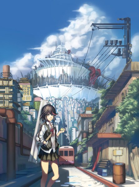 Anime picture 1080x1455 with kill la kill studio trigger matoi ryuuko madyy single tall image looking at viewer short hair black hair smile yellow eyes red hair multicolored hair two-tone hair streaked hair city landscape hand in pocket scenic girl
