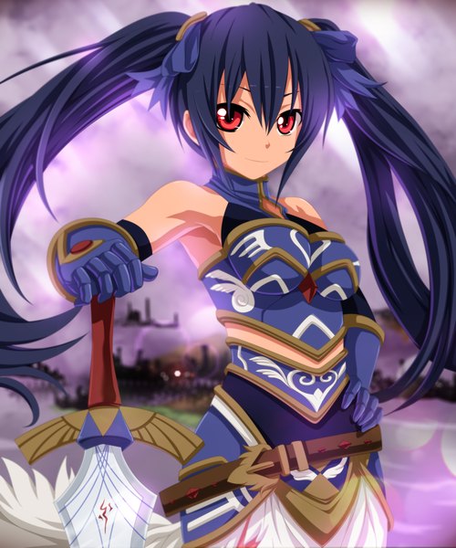 Anime picture 2500x3000 with choujigen game neptune noire tremblax single long hair tall image highres black hair smile red eyes twintails sky cloud (clouds) hand on hip coloring girl bow weapon hair bow sword