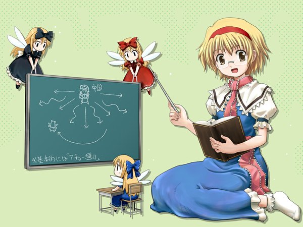 Anime picture 1024x768 with touhou alice margatroid teacher girl socks glasses book (books) chair desk doll (dolls) blackboard pointer