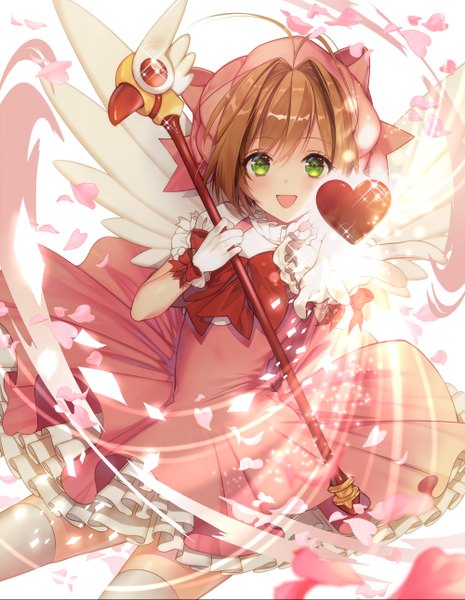 Anime picture 1000x1291 with card captor sakura clamp kinomoto sakura necomi (gussan) single long hair tall image blush fringe open mouth simple background brown hair white background green eyes ahoge girl thighhighs dress gloves bow