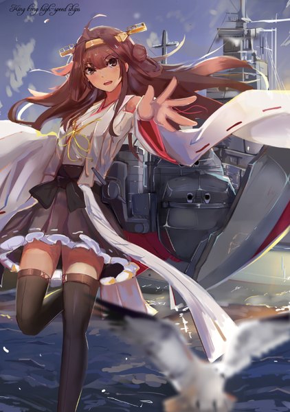 Anime picture 581x826 with kantai collection kongou battleship h.l. long hair tall image looking at viewer blush fringe open mouth brown hair brown eyes cloud (clouds) bent knee (knees) long sleeves sunlight wide sleeves hair bun (hair buns) outstretched arm flying leg lift (legs lift)