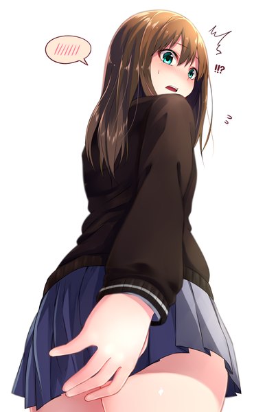 Anime picture 2100x3400 with idolmaster idolmaster cinderella girls shibuya rin suke single long hair tall image blush highres open mouth blue eyes simple background brown hair white background looking back from below embarrassed girl skirt uniform