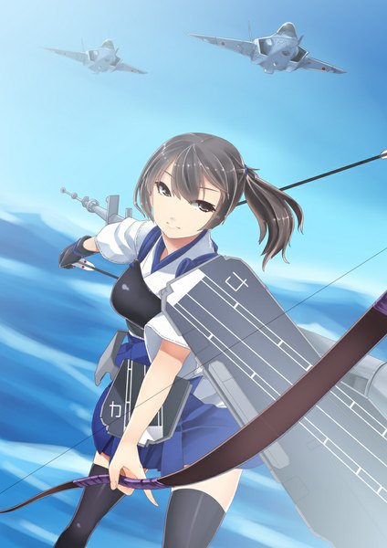 Anime picture 724x1024 with kantai collection kaga aircraft carrier hiememiko single long hair tall image black hair black eyes girl thighhighs weapon black thighhighs sea armor bow (weapon) airplane breastplate muneate jet