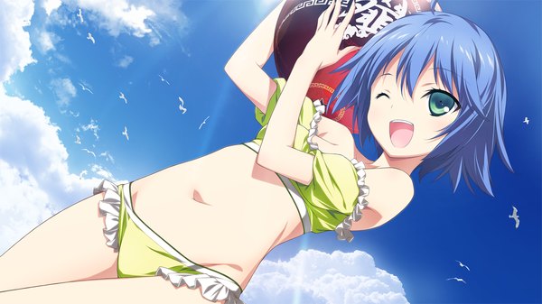 Anime picture 1280x720 with material brave giga shirafuji angeline tsubomi kikuchi seiji short hair open mouth wide image green eyes blue hair game cg one eye closed wink girl navel swimsuit