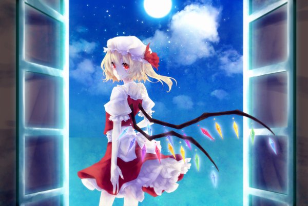 Anime picture 2835x1900 with touhou flandre scarlet ninapon (artist) single highres short hair blonde hair red eyes sky cloud (clouds) looking back one side up girl dress skirt bow wings window moon bonnet