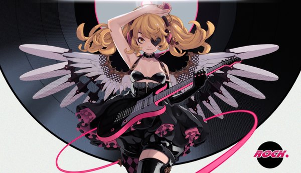 Anime picture 1644x946 with monkeydaly single long hair looking at viewer blonde hair wide image twintails yellow eyes light smile mechanical wings girl skirt wings shorts headphones eyepatch musical instrument single glove guitar single elbow glove