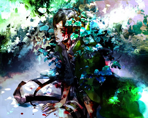 Anime picture 1200x960 with shingeki no kyojin production i.g eren yaeger houseki-hime single looking at viewer short hair black hair sitting green eyes from above boy leaf (leaves) blood cape knee boots