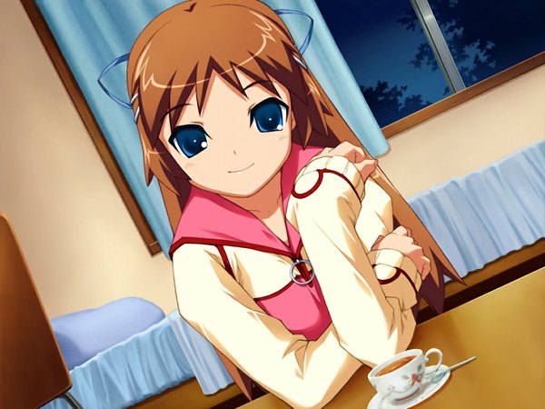 Anime picture 1024x768 with routes leaf (studio) yuasa satsuki blue eyes brown hair game cg girl